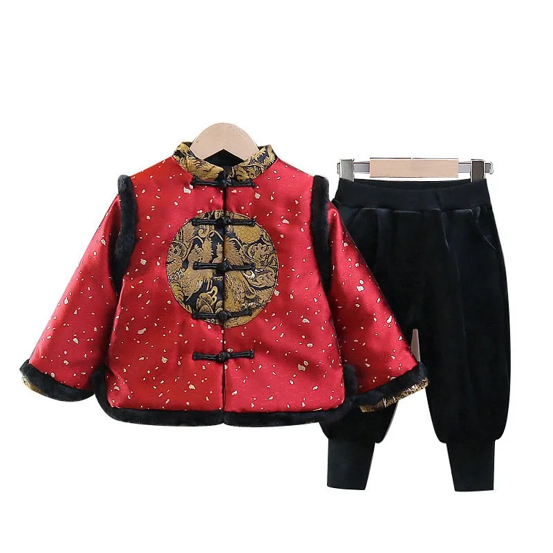 2024 Winter New Thick Warm Plush Tang Suit Boys Tradition Hanfu Cute Children\'s Chinese Dragon Embroider Kids New Year Clothing