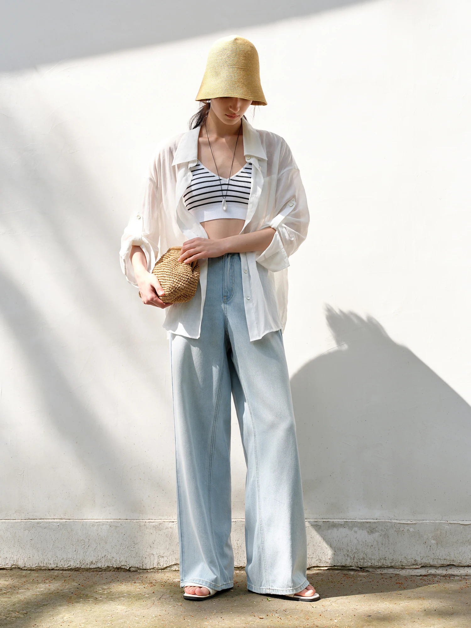 DUSHU Light-colored Jeans Summer 2025 New Style Fashionable All-match High Waist Striped Stitching Straight Pants 25DS82744