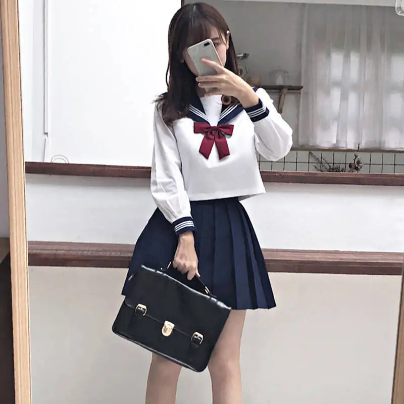 Japanese Style S-2xl Student Girls School Uniforms Girls Navy Costume Women Sexy Navy JK Suit Sailor Blouse Pleated Skirt