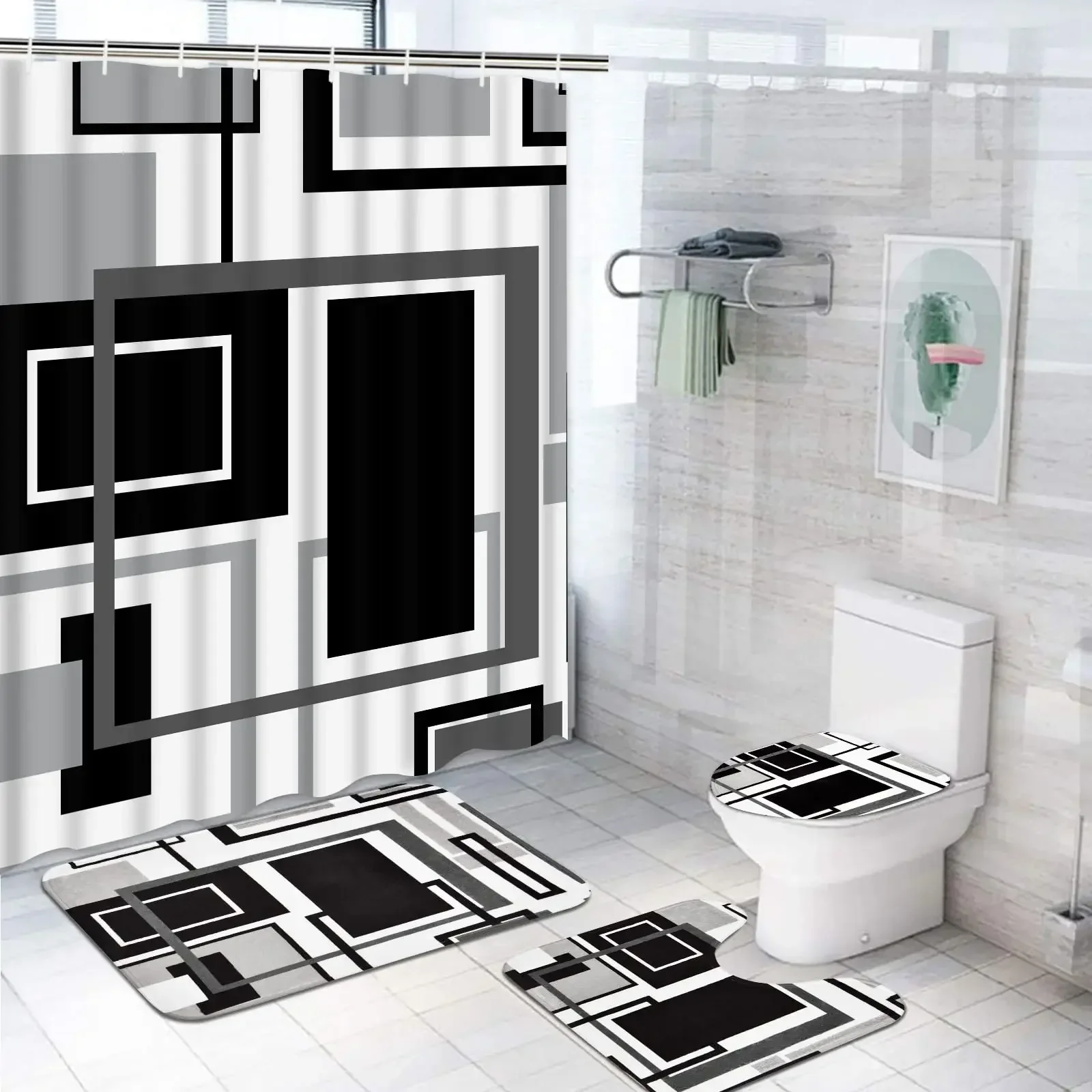 Geometric Blue Shower Curtain Set Non-Slip Rug Toilet Lid Cover Bath Mat Black Gray Bathroom Decor  Waterproof