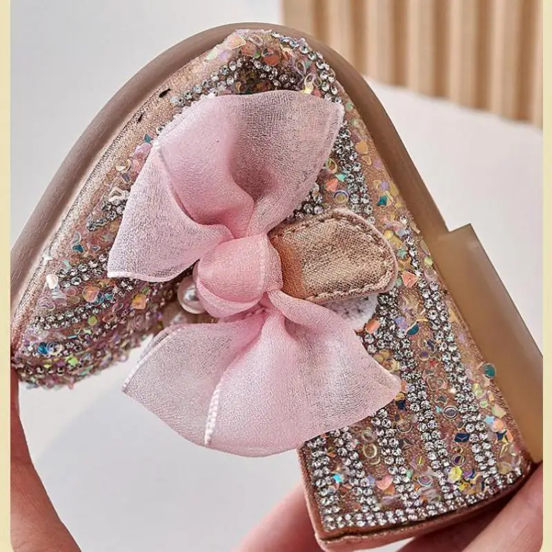 Nuove scarpe in pelle con paillettes per bambini ragazze principessa strass Bowknot scarpe dolce moda bambini ballerine scarpe da festa J221