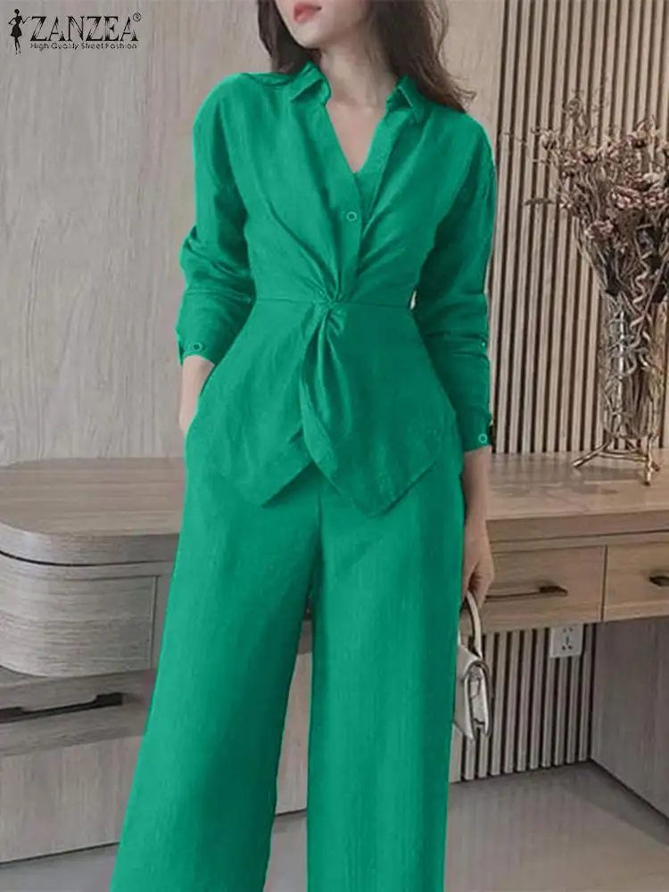 2PCS Stylowe damskie bluzki z długim rękawem i klapami OL Pant Suits ZANZEA Elegant Office Work Matching Sets Wide Leg Trousers Suits