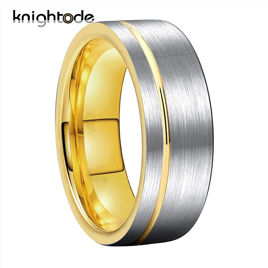 

8mm Gold Color Tungsten Wedding Band Men Women Engagement Rings Offset Grooved Flat Brushed Comfort Fit