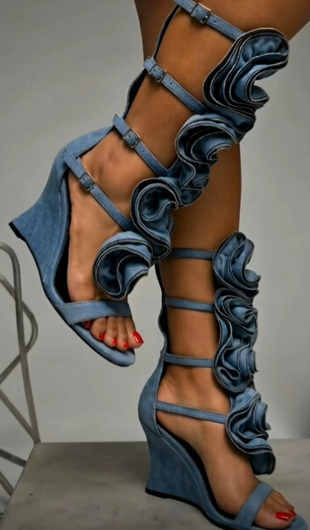 

Denim Light Blue Open Toe Wedge Sandals Oversized Zipper Ruffle Decor Multi Adjustable Ankle Buckle Straps Fashion Cool Style