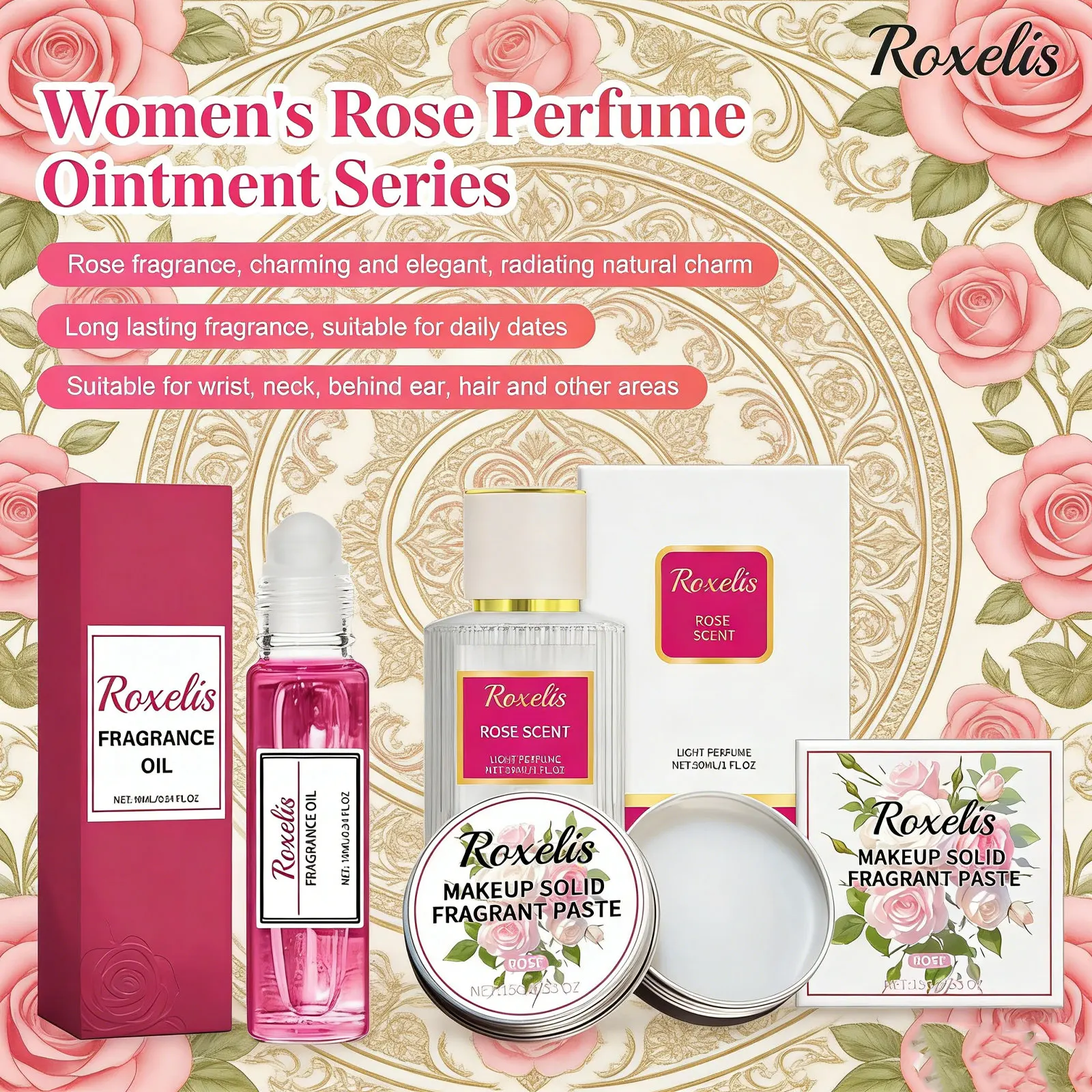 

Roxelis Rose Fragrance Perfume Series Pheromone Floral Scent Long-Lasting Aroma For Elegant Ladies Fresh Dating Charming Perfume