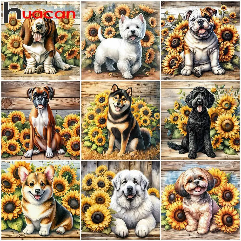 Huacan Diamant Mosaik Hund Tier Sonnenblume Blume Volle Runde Platz Diamant Malerei Neue Bild Für Wohnzimmer Hause Dekoration