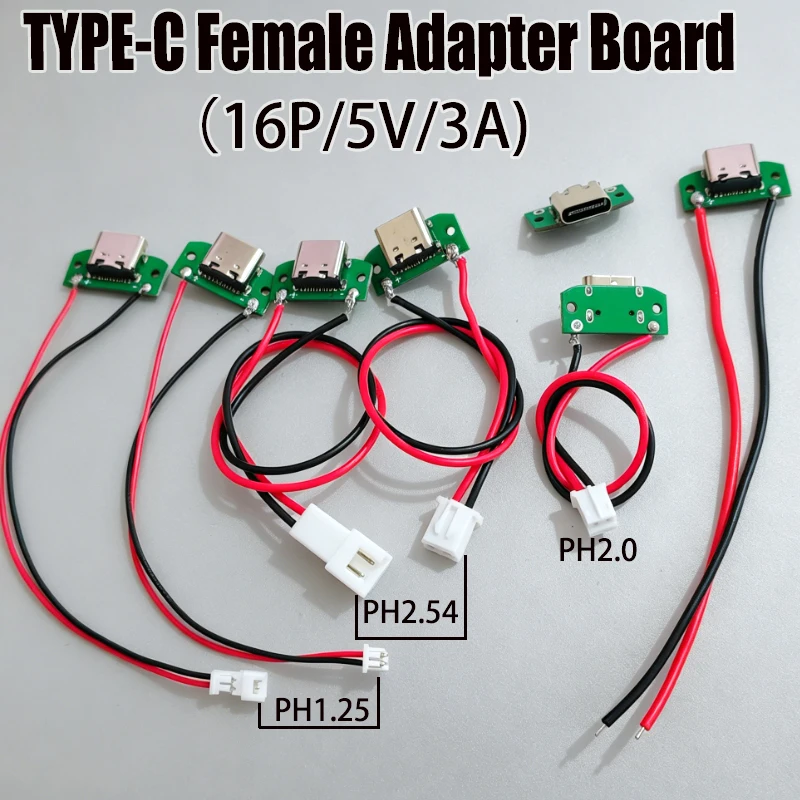 Cltgxdd 1 Stück USB-Typ-C-Buchsenadapterplatine 16P, nur zum Laden von 5V 3A, mit PH1.25/2.0/2.54mm Anschlusskabel für DIY-Lademodul – Detail 2