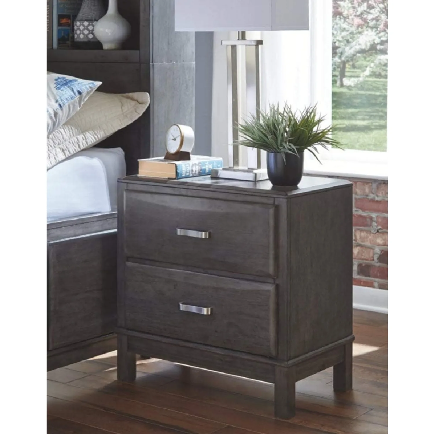 Contemporary 2 Drawer Nightstand with Dovetail Construction, Weathered Gray