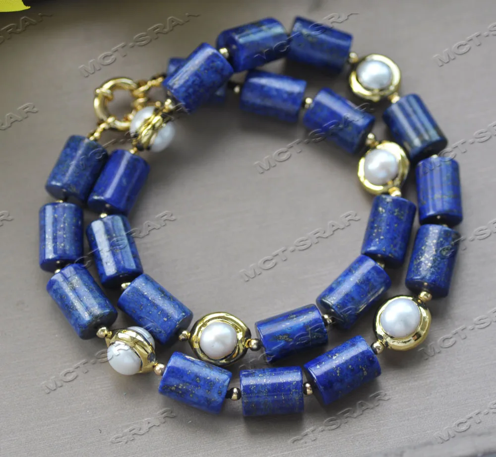 

Z12137 19" 15mm Gold-Plated White Pearl Blue Cylindrical Lapis Lazuli Necklace