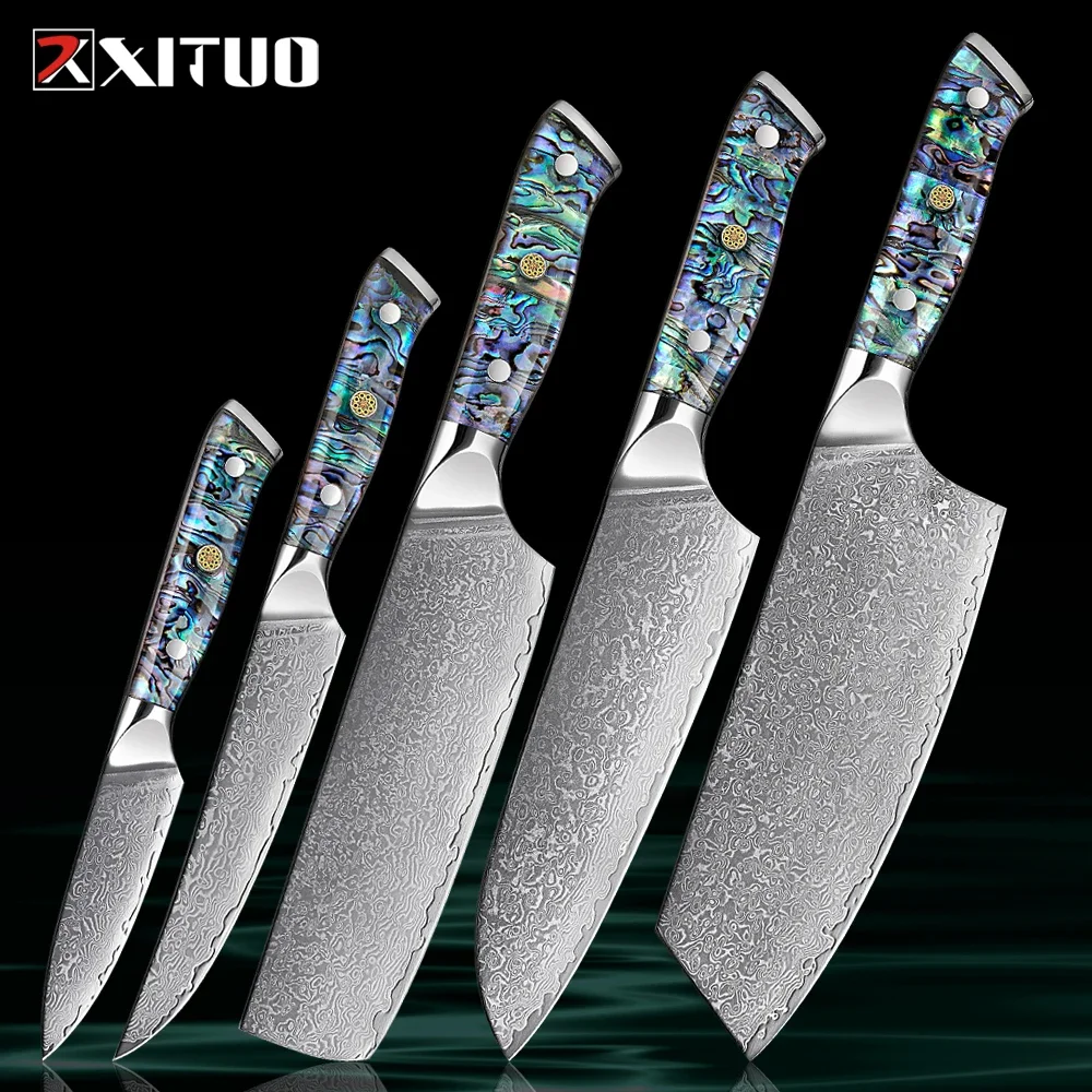 Japanese Damascus Steel 1-5PCS Kitchen Knives Set Abalone Shell Acrylic Handle Sharp Santoku,Cleaver,Paring,Steak,Cooking Knives