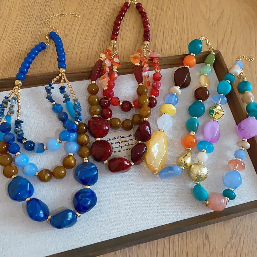 DOO MEI Boho Irregular Natural Agate Stone Chokers Necklace for Women Acrylic Bead Multi-layer Chain Necklace Statement Jewelry