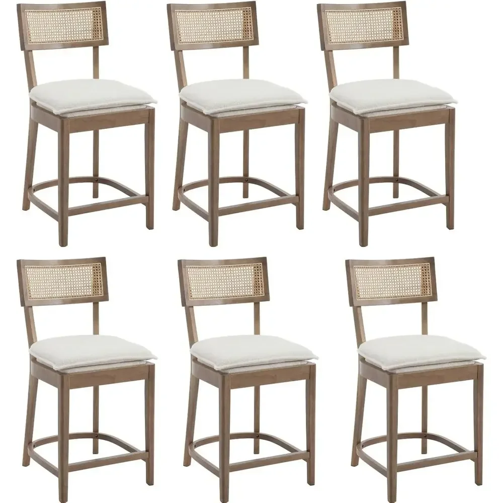 

6 Wooden Counter Height Bar Stools, 26 Rattan with Cane Back, Wicker Breakfast Chairs, Removable Sherpa Cushion, Brown