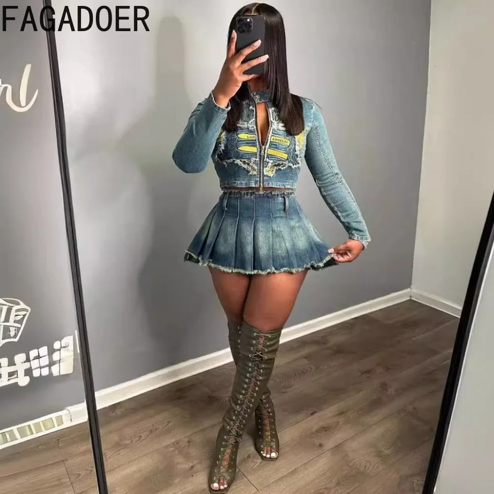 FAGADOER Retro Fashion Y2K Denim Embroidery Two Piece Sets Women Zipper Long Sleeve Crop Top And Pleated Mini Skirt Outfits 2024