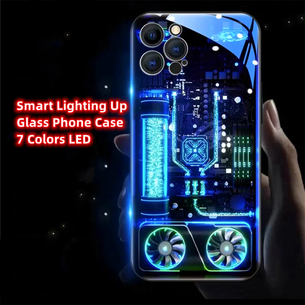 Water Cooled Chassis Sound Music Control Led Light Phone Case Glowing Cover For iPhone Air 17 16 15 14 13 12 11 Pro Max Plus