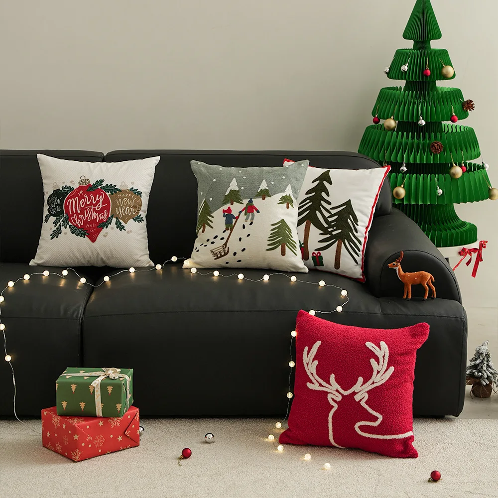 

Christmas Decoration Pillow Cover for Sofa Reindeer Snow Mountain Tree Embroidered Home Decoration Cushion Cover 45x45cm