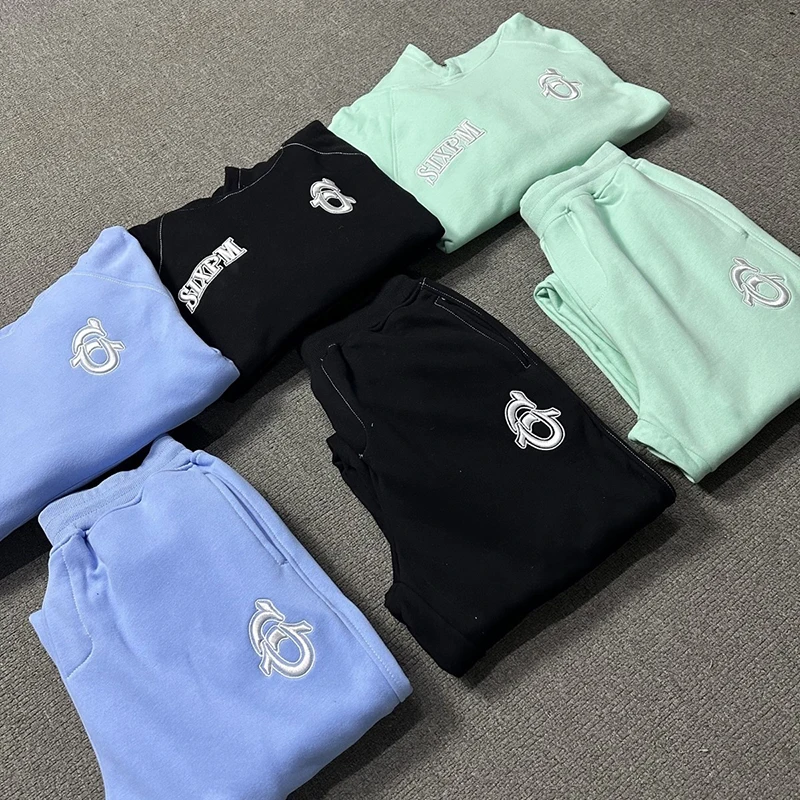 

Oversized 6PM Good Quality Fashion Text Print Hoodie Pants Winter Blue Green Black Men Women Classic Embroidery Logo