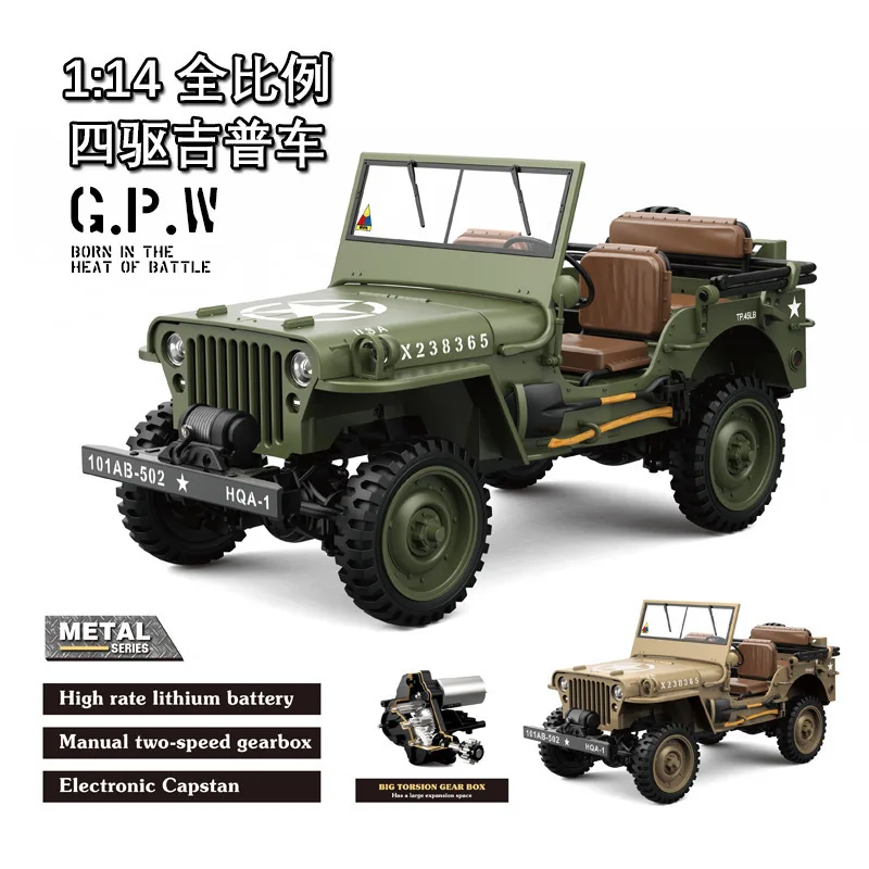 1/14 Skala 1:14 HG4-58 4WD Elektryczny Samochód Terenowy Zdalnie Sterowany Model Symulacja Wojskowy Ciężarówka Zabawka dla Dorosłych i Dzieci