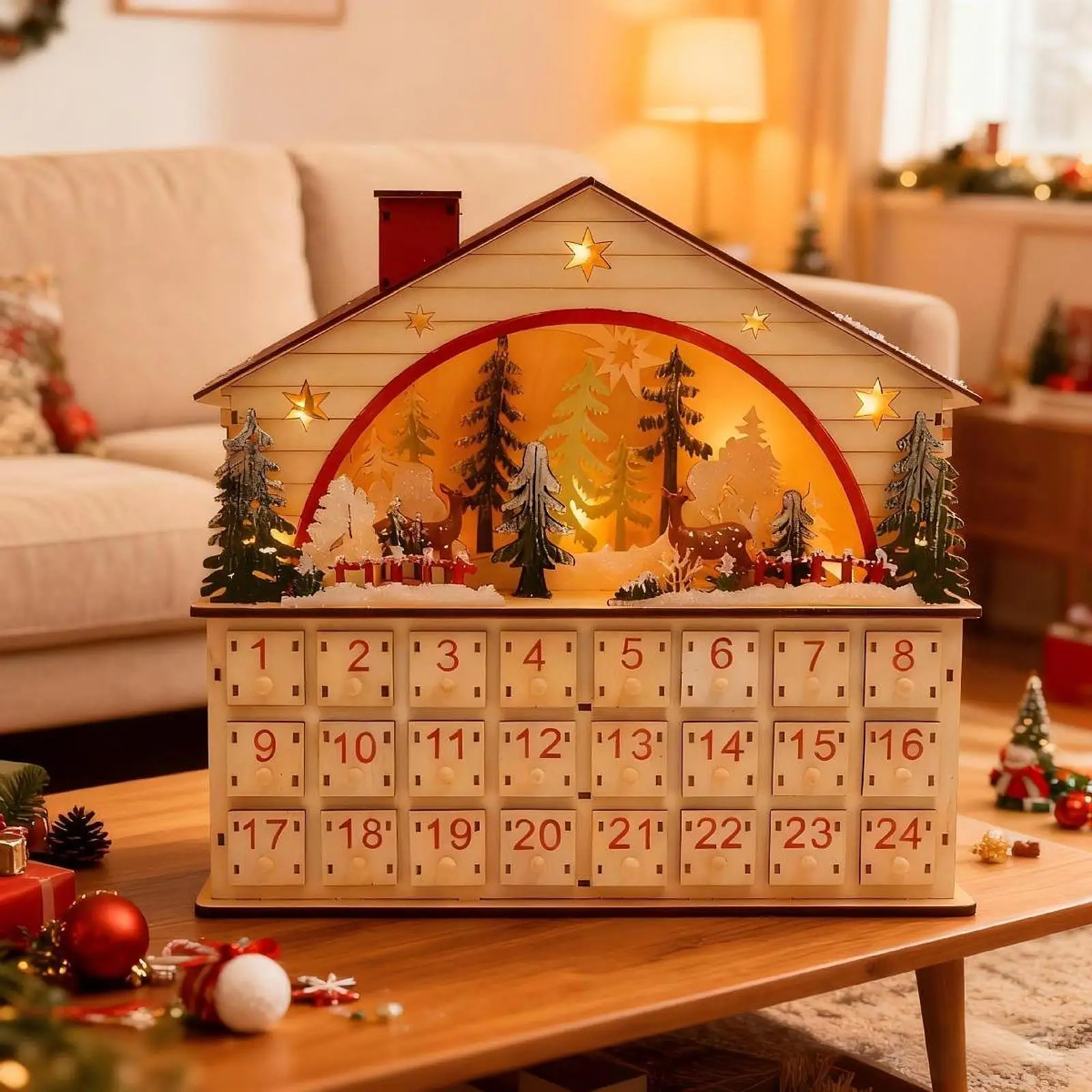 

Christmas Advent Calendar Wood Desktop Ornament Cottage Design Holiday Decorations for Home Vintage Calendar Artwork