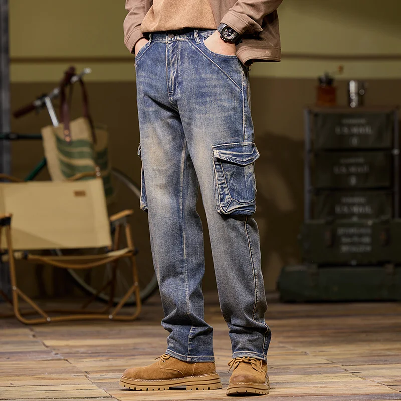 بنطال جينز رجالي متعدد الجيوب مستقيم نحيف مقاس كبير من قماش الدنيم النحيف للرجال جينز عالي الجودة 28-44