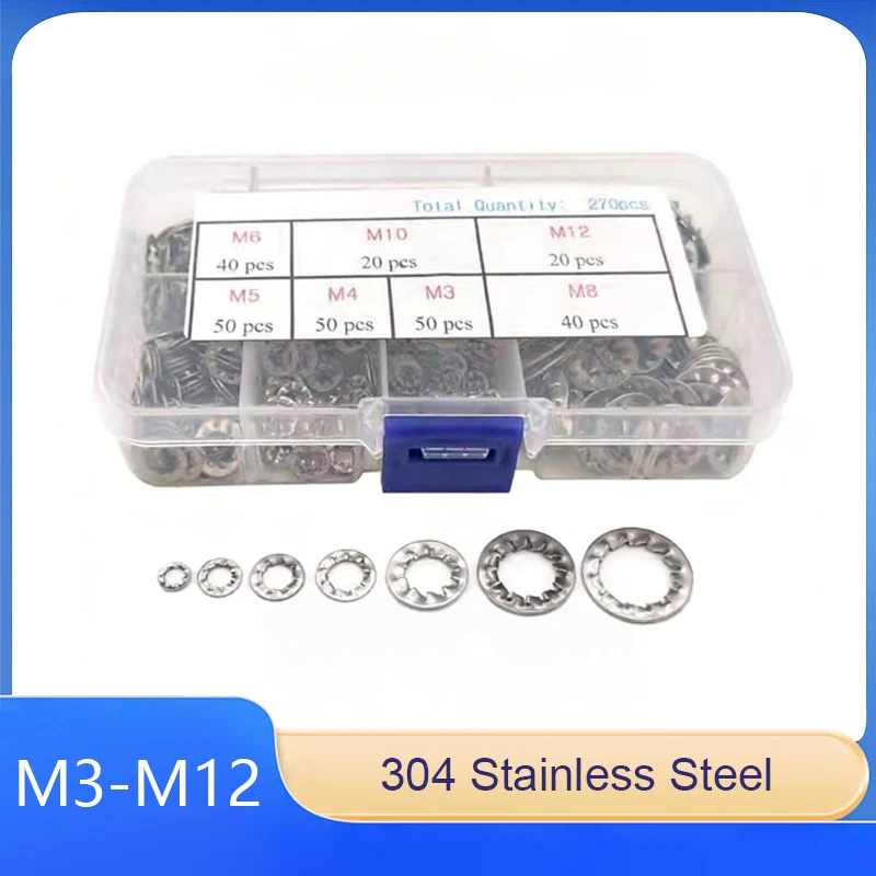 

270pcs Stainless Steel Multi-Tooth Lock Washers M3-M12 Internal Serrated Anti-Slip Retaining Washers Anti-loosening, Anti-slip