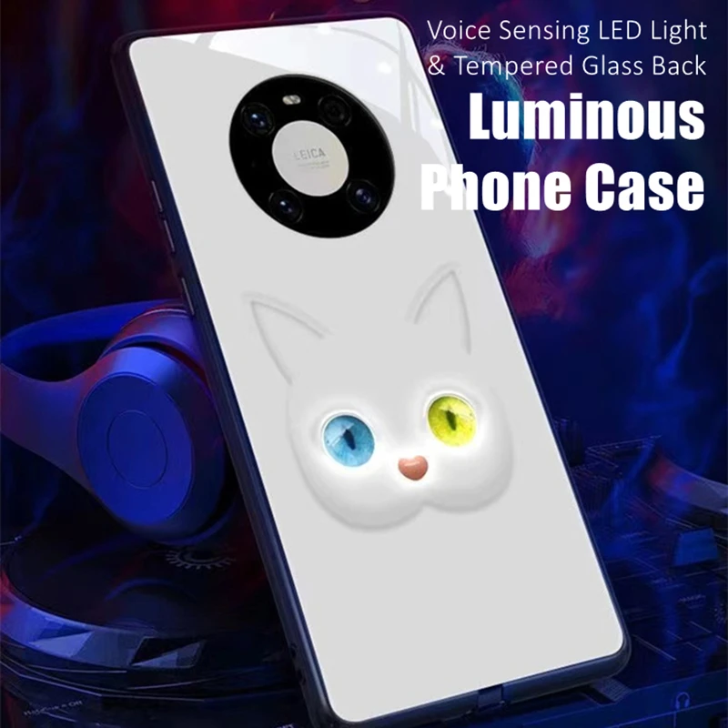 

Couples Friends Cat LED Light Glowing Luminous Tempered Glass Back Phone Case for Samsung S24 S22 S23 Note 10 20 A54 Plus Ultra