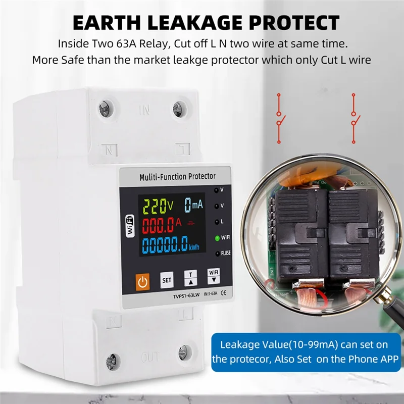 SQPP-63A TUYA Wifi Smart Earth Leakage Over Under Voltage Protector Relay Circuit Breaker Energy Power Kwh Meter
