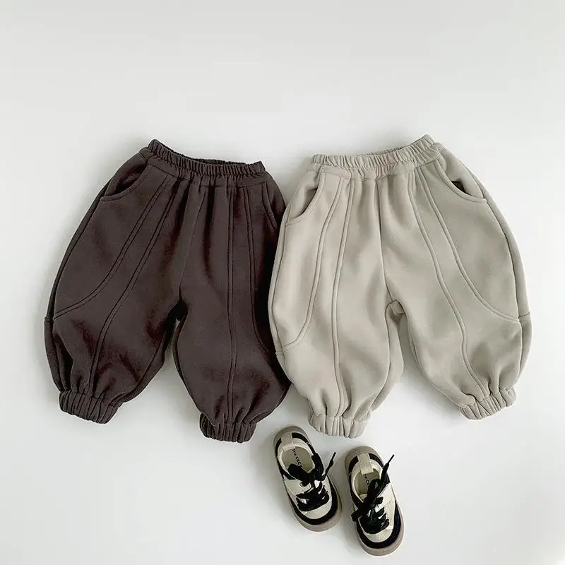 2024 Winter New Children Warm Pants Solid Baby Girls Casual Pants Plus Velvet Thick Trousers For Boys Cotton Kids Clothes