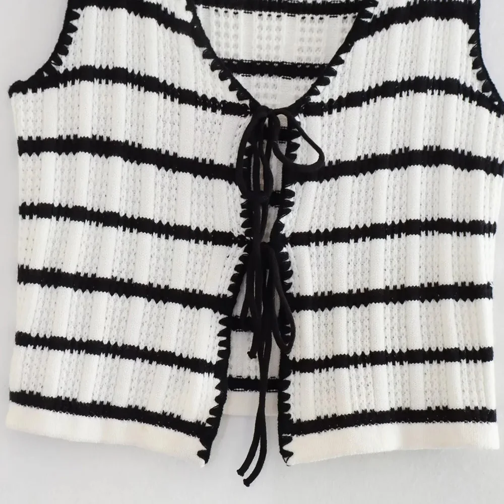 TRAF Women Fashion with Tied Striped Knit Vest Sweater Vintage V Neck Sleeveless Female Waistcoat Chic Tops Dropship