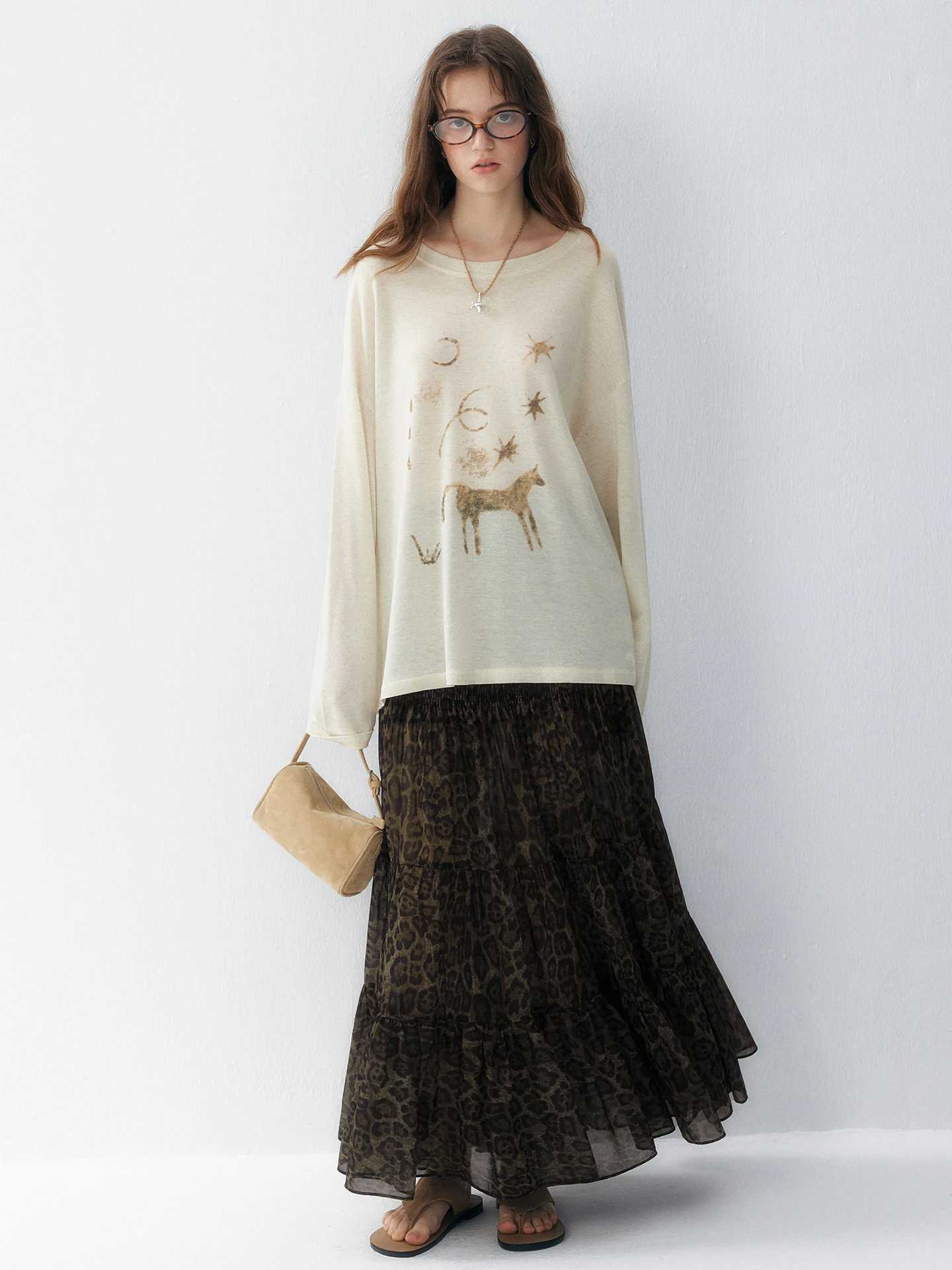  plus Leopard Print Chiffon Half Skirt Women's Mid-Length Elastic Waist A-Line Gown Breathable Skin-Friendly