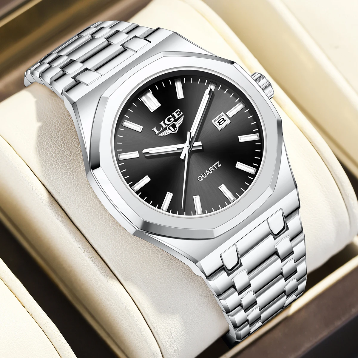 

LIGE мужские часы супер светящиеся автоматические дата кварцевые мужские наручные часы из нержавеющей стали 3ATM водонепроницаемые мужские подарочные коробки посылка