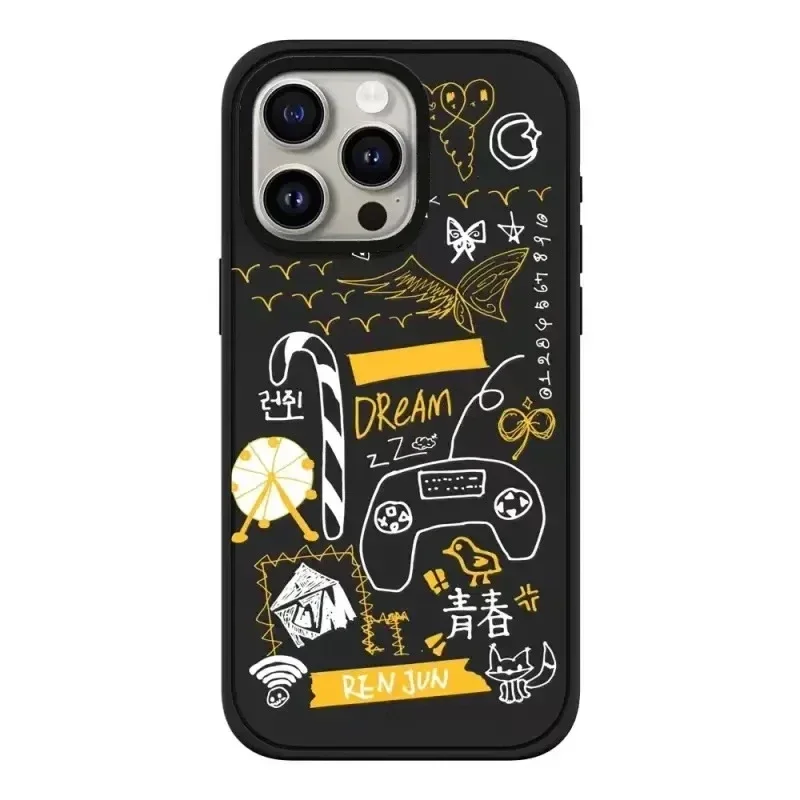 Black Frosted Korean Fashion Dream Graffiti Pattern iPhone 13 14 15 Pro Max Protective Case