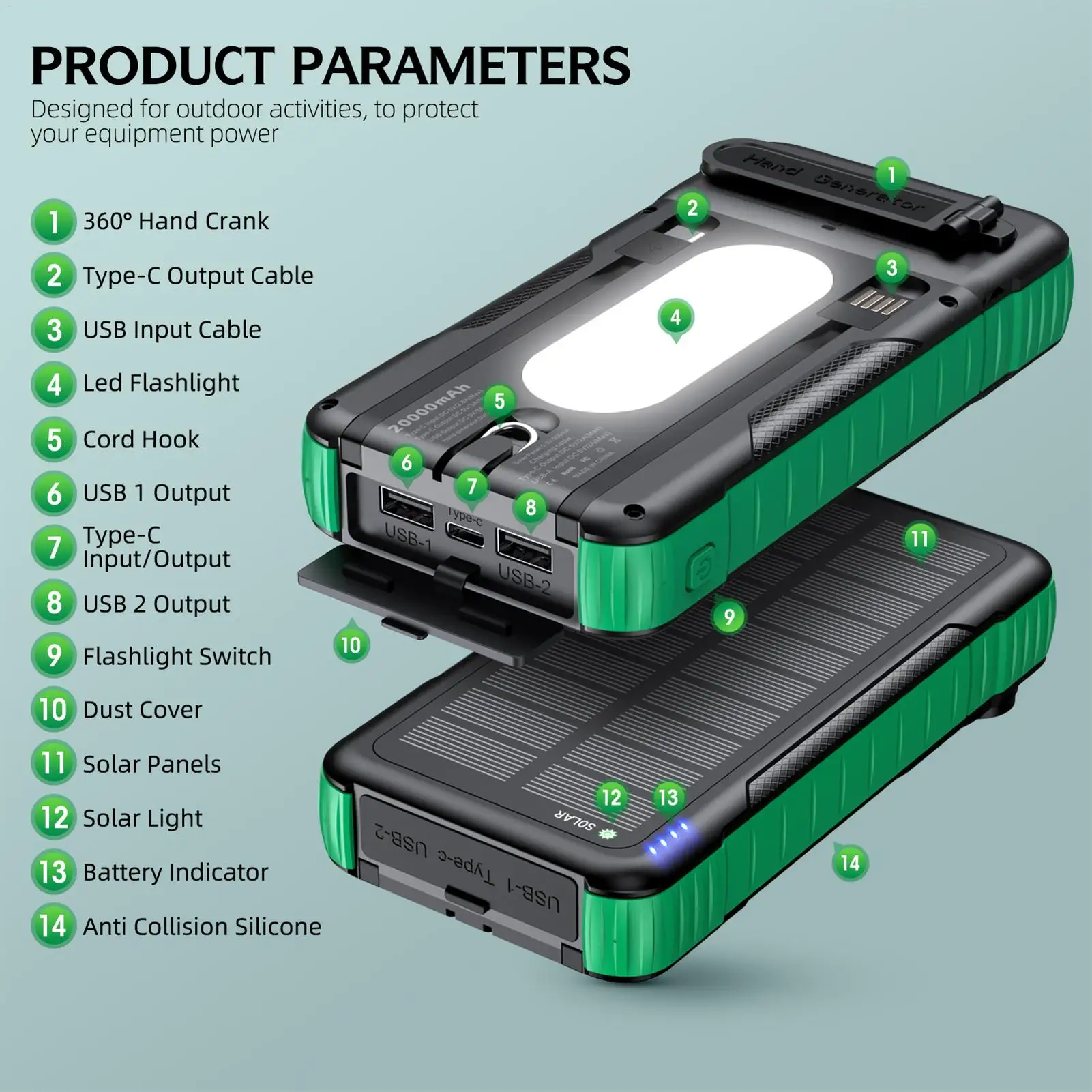 

Солнечная батарея, водонепроницаемая с ярким фонариком, рукоятка, солнечное зарядное устройство, внешний аккумулятор для телефона, для кемпинга, пешего туризма, путешествий
