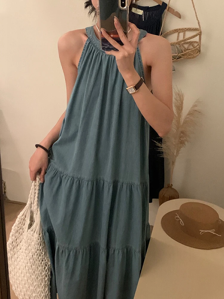 ReddaChic Women Halter Denim Long Dress Summer Vintage Wash Sleeveless Patchwork Ruffle A-line Sundress Casual Korean Clothes