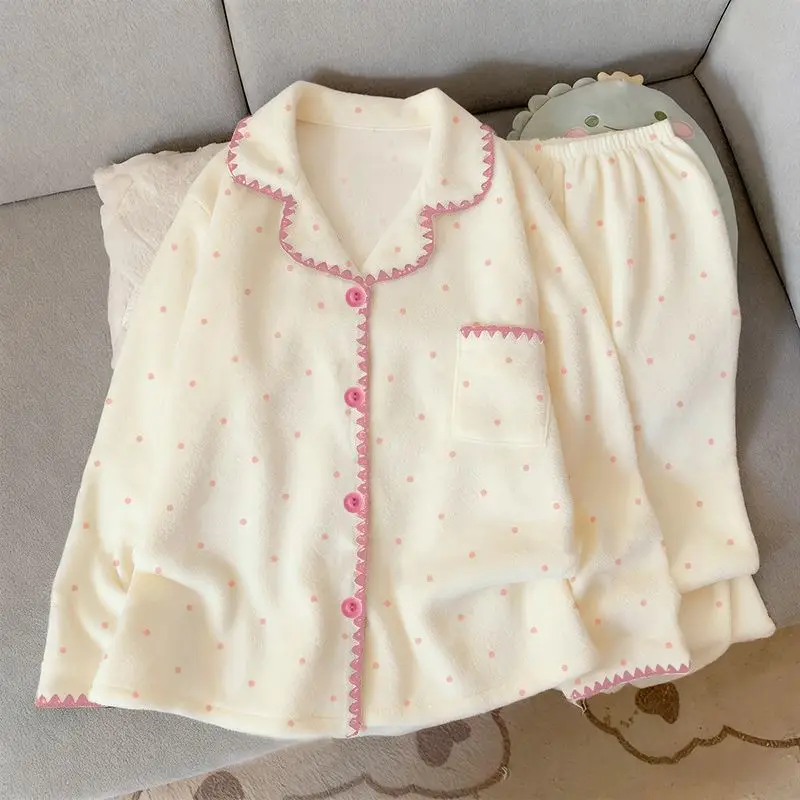 Women Flannel Pajama Set Winter Warm Fleece Sleepwear Cute Polka Dot Button Down Long Sleeve Loungewear 2 Piece Pijama Mujer New