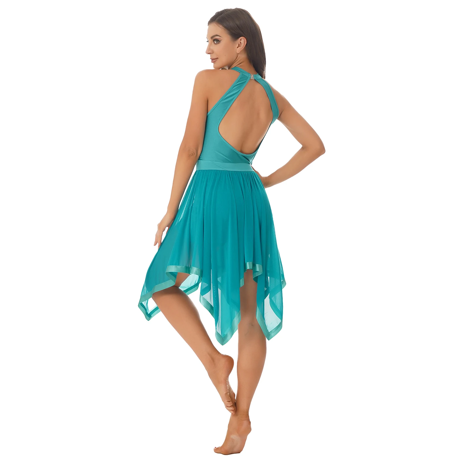 Vestido Halter para mulheres, collant de balé, lantejoulas brilhantes, performance de dança contemporânea moderna, trajes de jazz