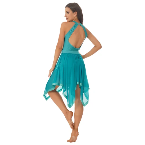 Imagen 2 del producto Vestido de baile de Ballet con lentejuelas brillantes para mujer, leotardo de gimnasia con espalda descubierta y cuello Halter, puesta en escena, trajes de baile lírico de salón