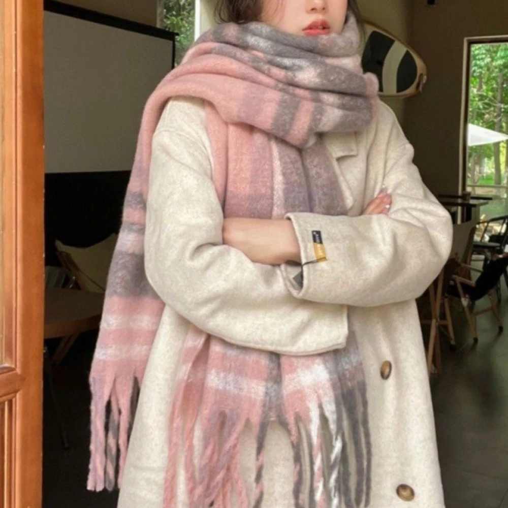 Atmosphere Circle Yarn Scarf Women's Thickened Warm Plaid Versatile Couple ins Autumn and Winter Vertical Strips