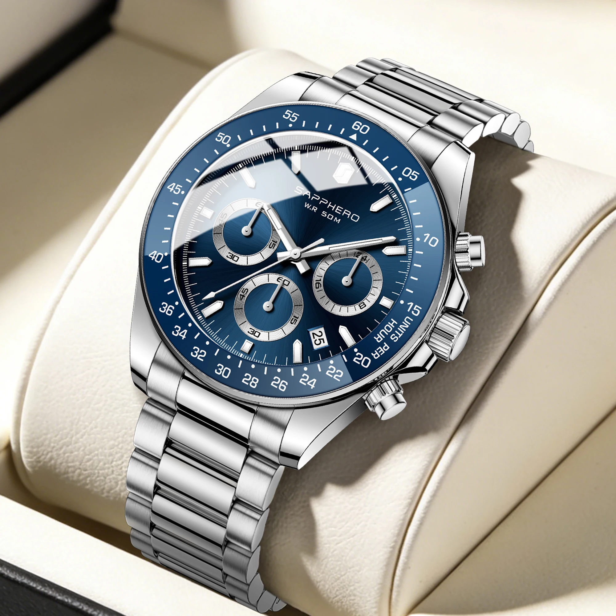 SAPPHERO Men's Watches Stainless Steel Quartz Chronograph 50 Meter Waterproof Watch Calendar Luxury Business Watch Gift