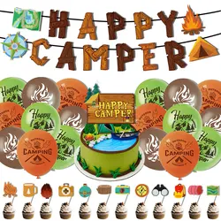 Outdoor Camping Themed Party Decoration Paper Happy Camper Banner Cake Toppers Latex Balloons Kids Birthday Party Supplies