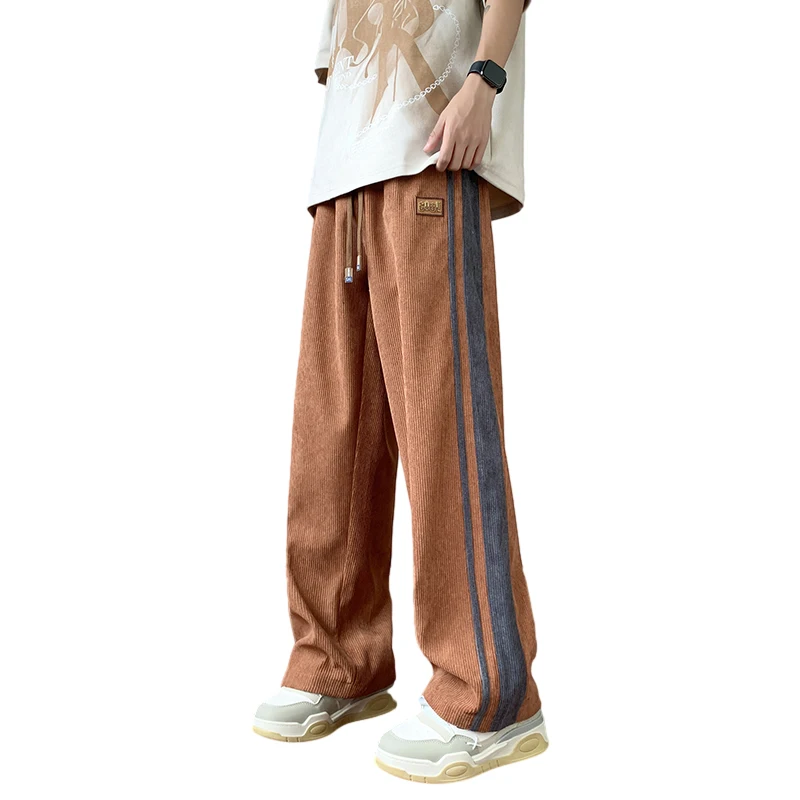 Spring Autumn Men's Pants New Fashion Corduroy Stylish Drawstring Loose Mid Waist Casual Straight Wide Leg Cropped Pants