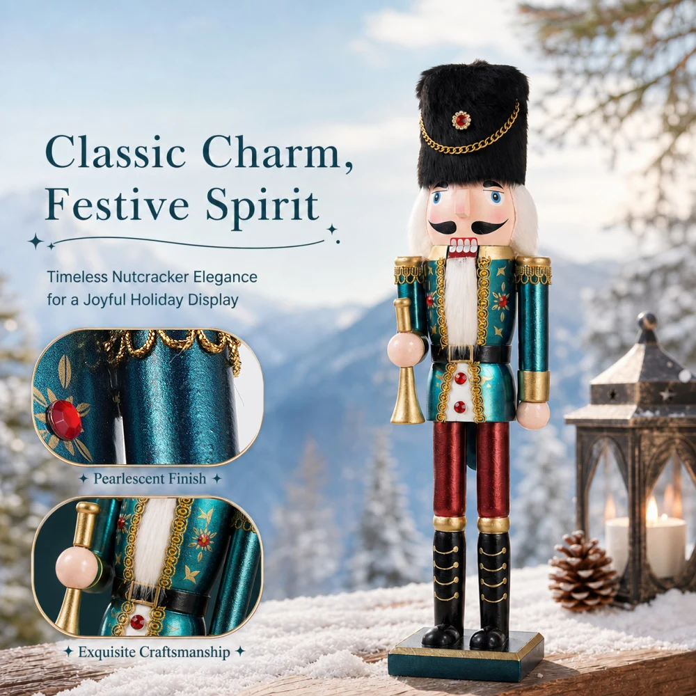 38CM Christmas Nutcracker Soldier Puppet, Pearl Light Creative Clothing Handcrafted Ornament, Xmas New Year Home Decoration Gift