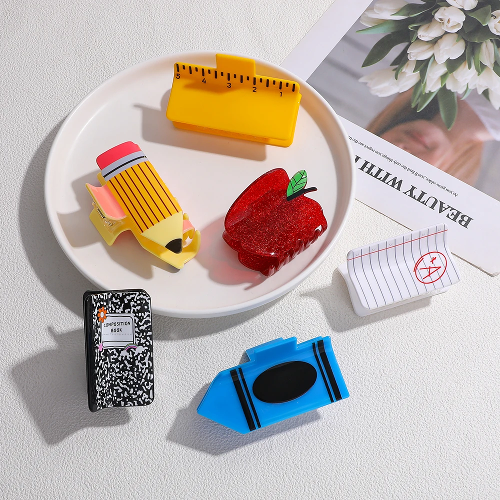 Creative Stationery Theme Hair Jaw Clip Cartoon Notebook Ruler Shape Shark Clip Sweet Ladies Ponytail Holder Ornament