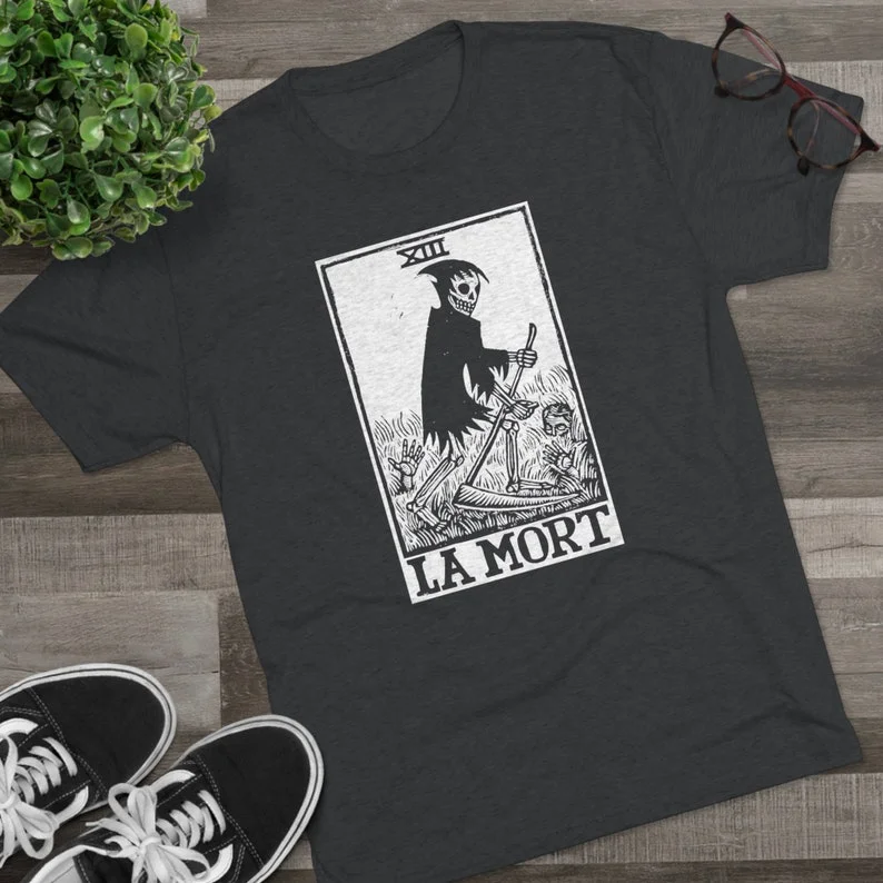 Death Tarot La Mort black T-shirt Skull Punk unisex goth Death T-shirt personality street fashion short sleeve art aesthetics
