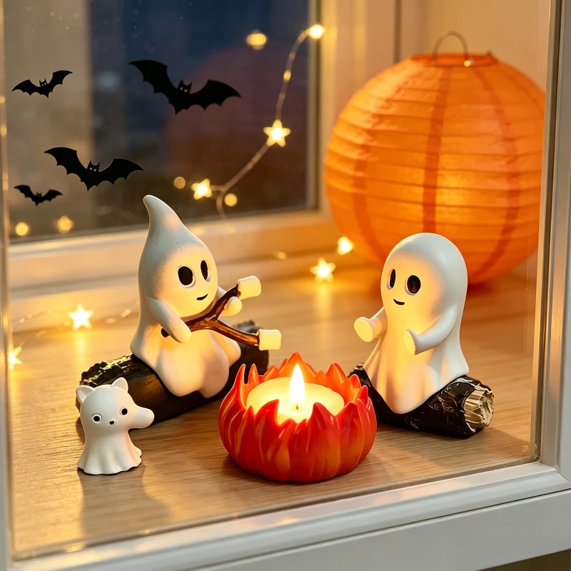 Ghost Bonfire Party Decorations, Cute Ghost Roasted Marshmallow Statues, Weird and Cute Fall Halloween Indoor Table Decorations