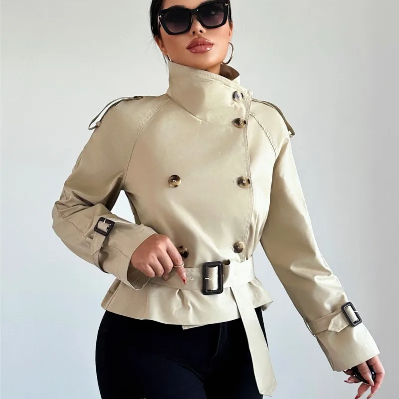2025 Autumn New Women's Street-Style Collared Trench Coat Short-Length Outerwear Belt Buckle Detail Stylish Windproof Jacket