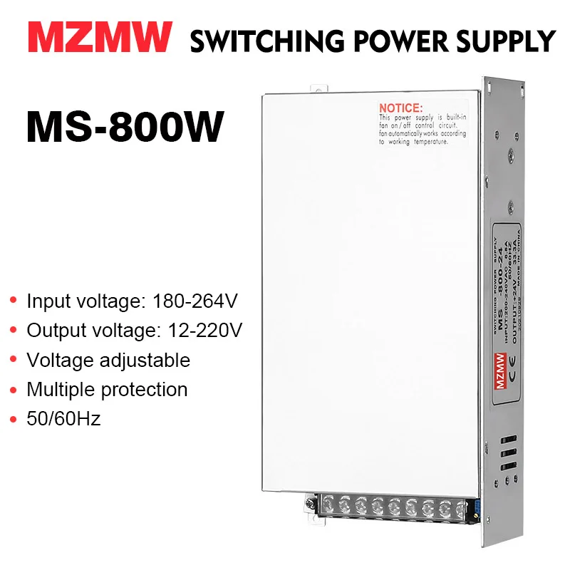 MZMW Switching Power Supply MS-800W 180V-264V AC/DC 12V 15V 24V 36V 48v 60V 72V 80V 110V 150V 220V Voltage Adjustable SMPS