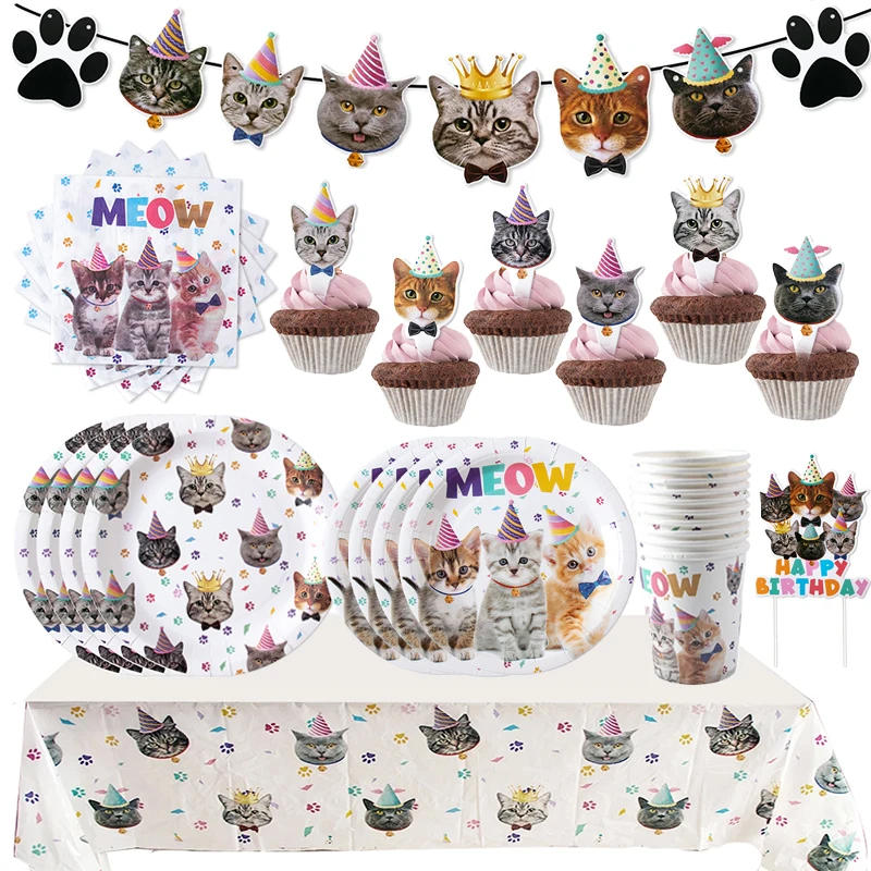 

Pet Cats Birthday Party Disposable Tableware Paper Banner Plates Cups Cake Toppers Kids Cats Theme Party Decorations Supplies