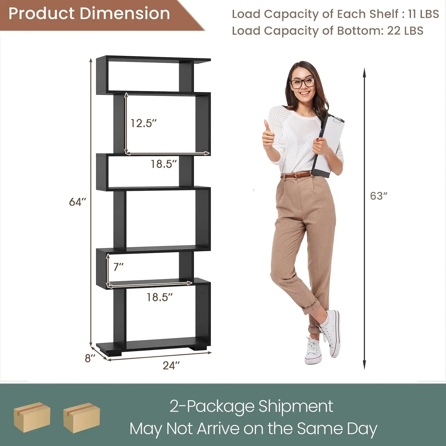 S Shaped Bookshelf Wood Geometric Bookcase Room Divider Display Shelf 64