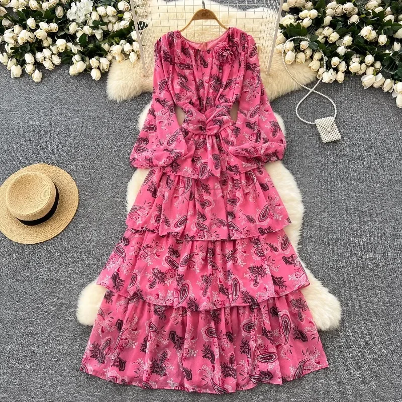 Korean Chic Ruffle Print V Neck Dress Chiffon A-line Fashion Women Elegant Vestidos Summer Autumn Sweet Lantern Sleeve Dresses