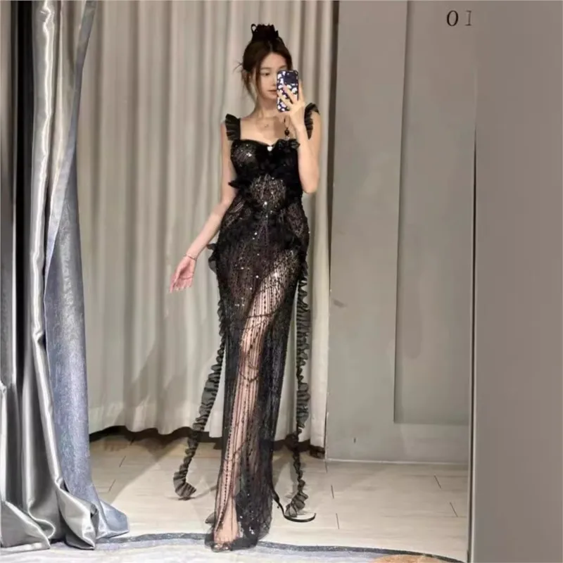 

Black halter lace trim light luxury niche heavy industry banquet backless fishtail dress